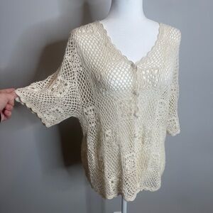 Vintage Crochet Button Front Top Coastal Grandma Cottagecore XL Granny Square
